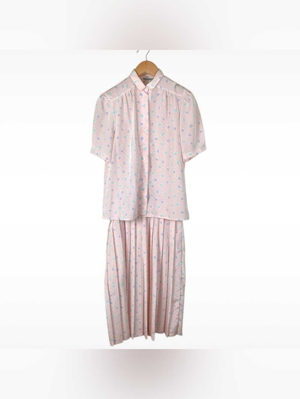 Vintage Personal Women’s 12/14 Pastel Pink Blouse & Skirt Set Kawaii Polka Dots